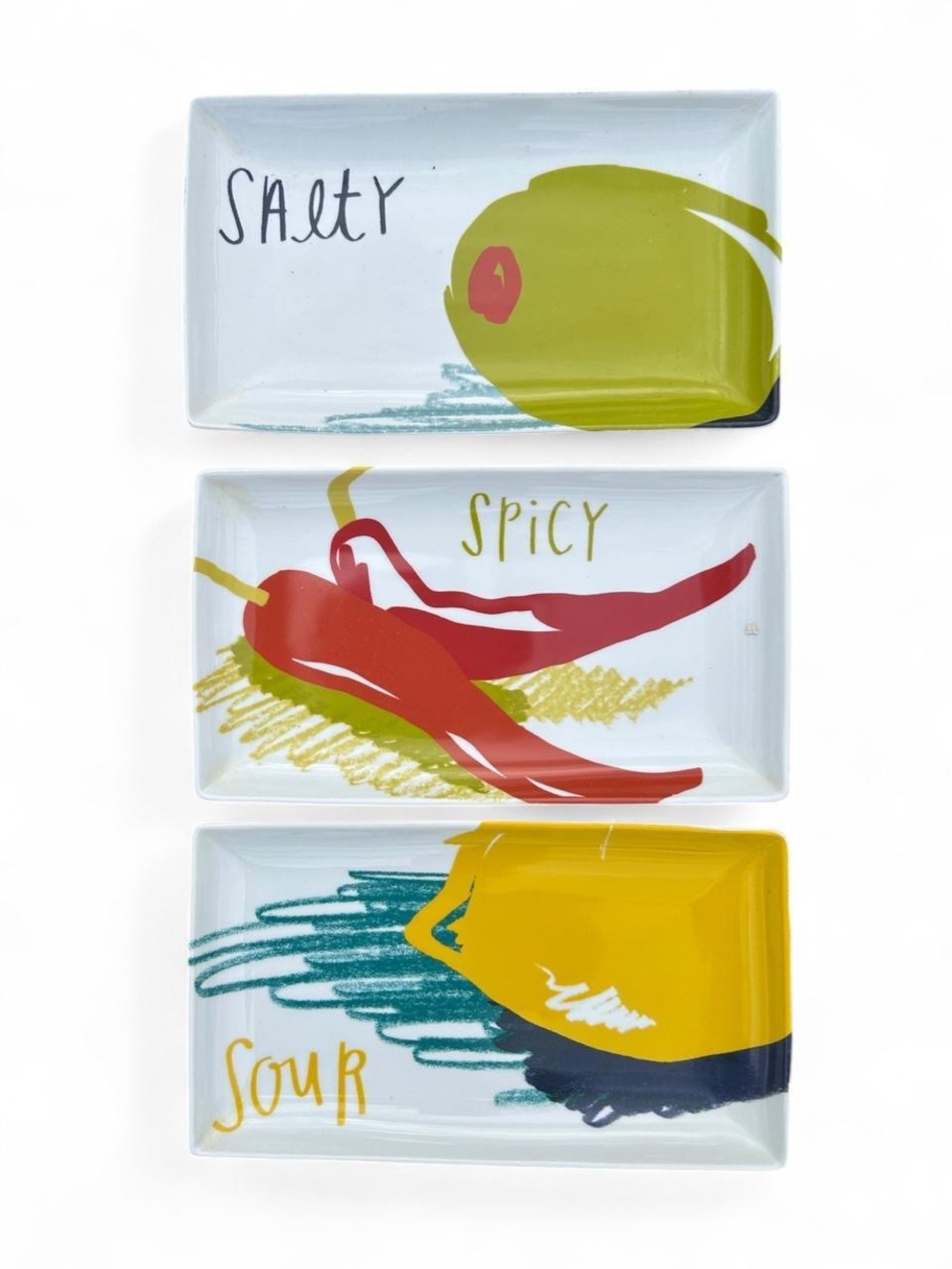 Crate & Barrel Salty Spicy Sour Ceramic Appetizer Tray Set Olive Serving Plates